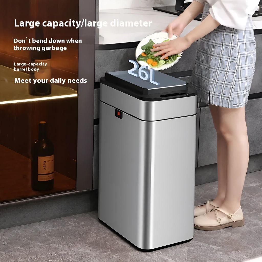 Stainless steel square automatic trash can with induction lid open.