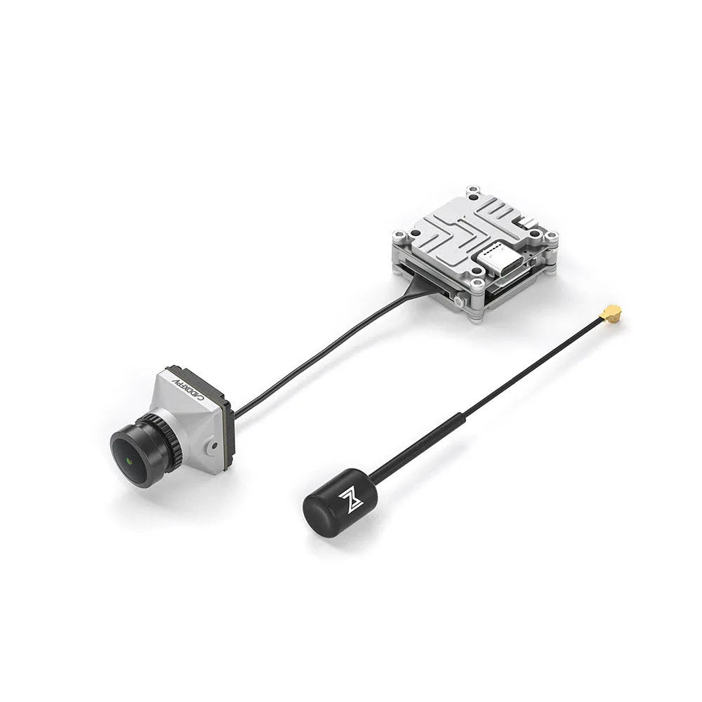 Silver Caddx ADAPTS digital image transmission unit for DJI FPV drones with connection cables and mounting screws.