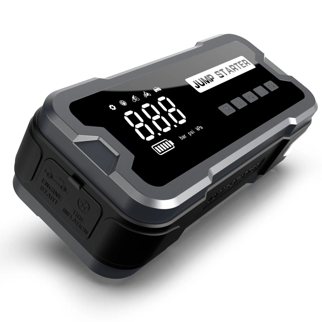 CY53 black portable car jump starter and tyre inflator unit with digital screen display
