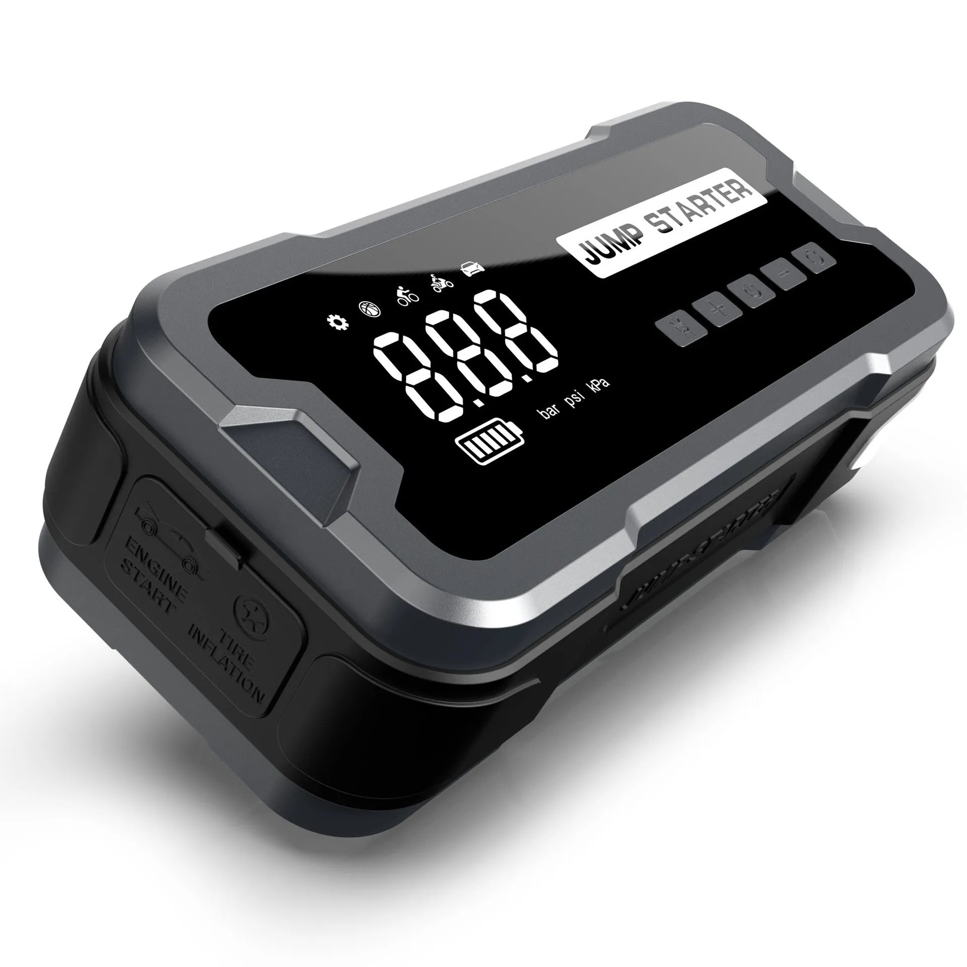 CY53 black portable car jump starter and tyre inflator unit with digital screen display