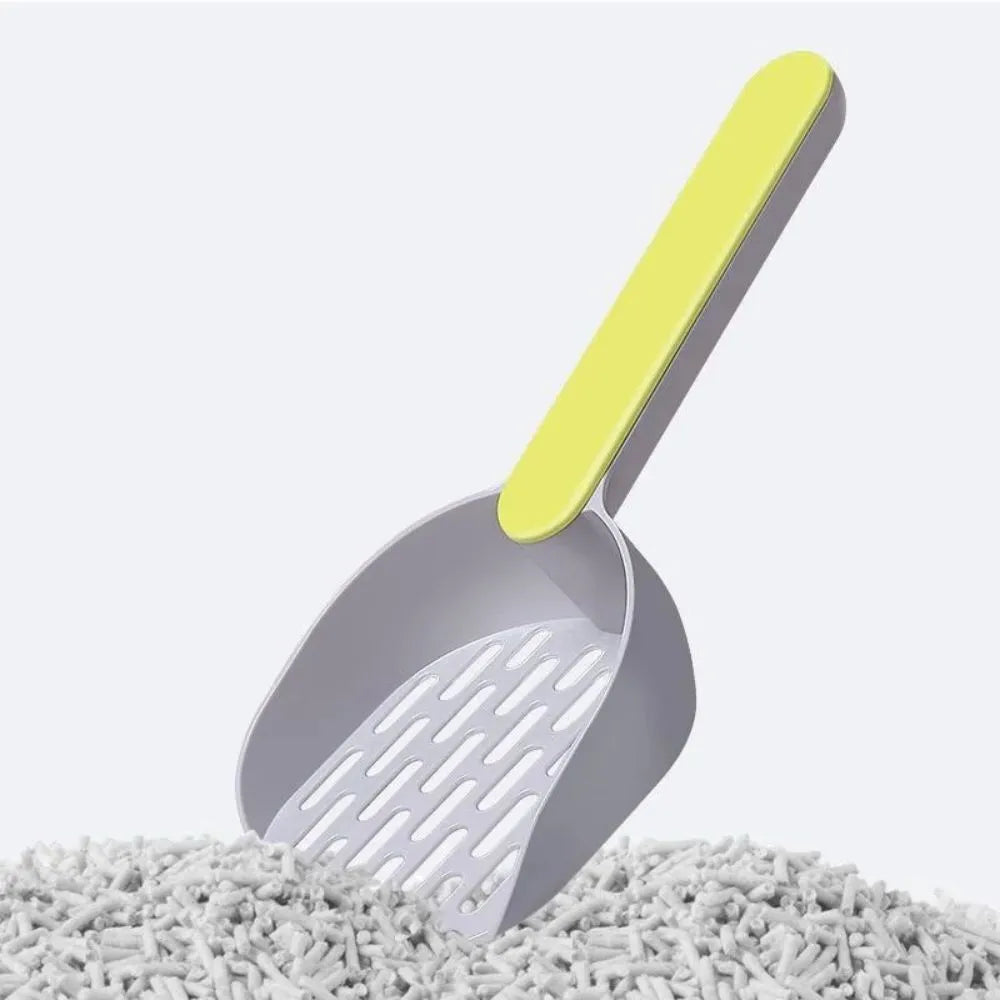 Blue plastic cat litter shovel with angled handle on a white background.