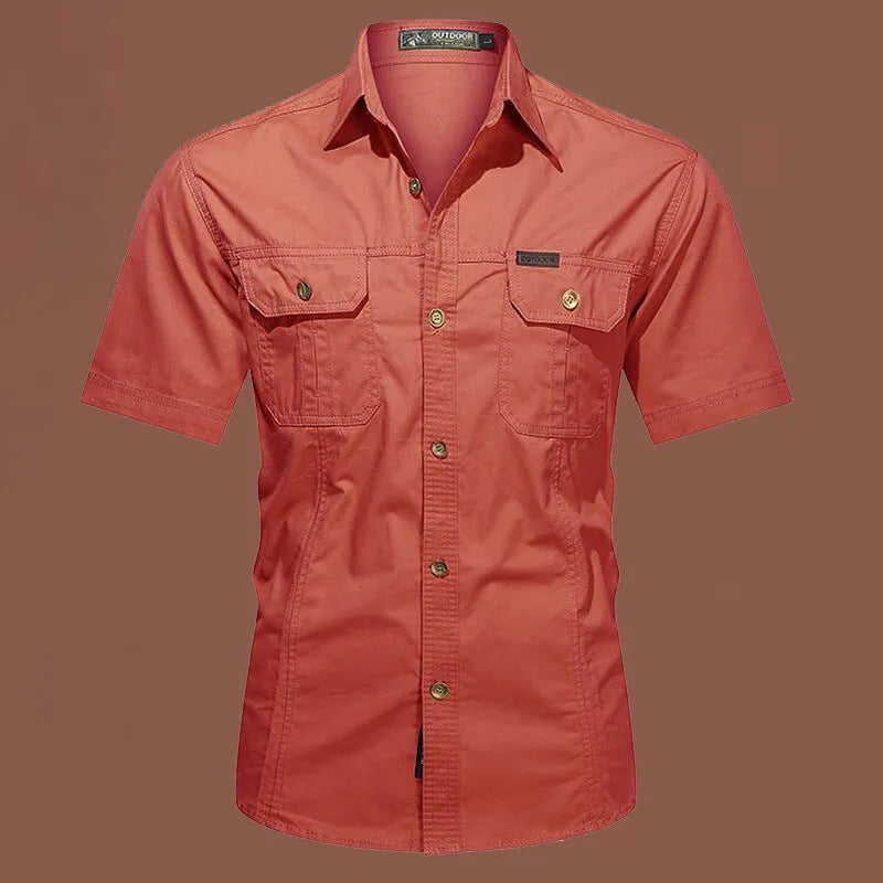 Men's army green cotton short sleeve work shirt with a loose cardigan fit on a hanger