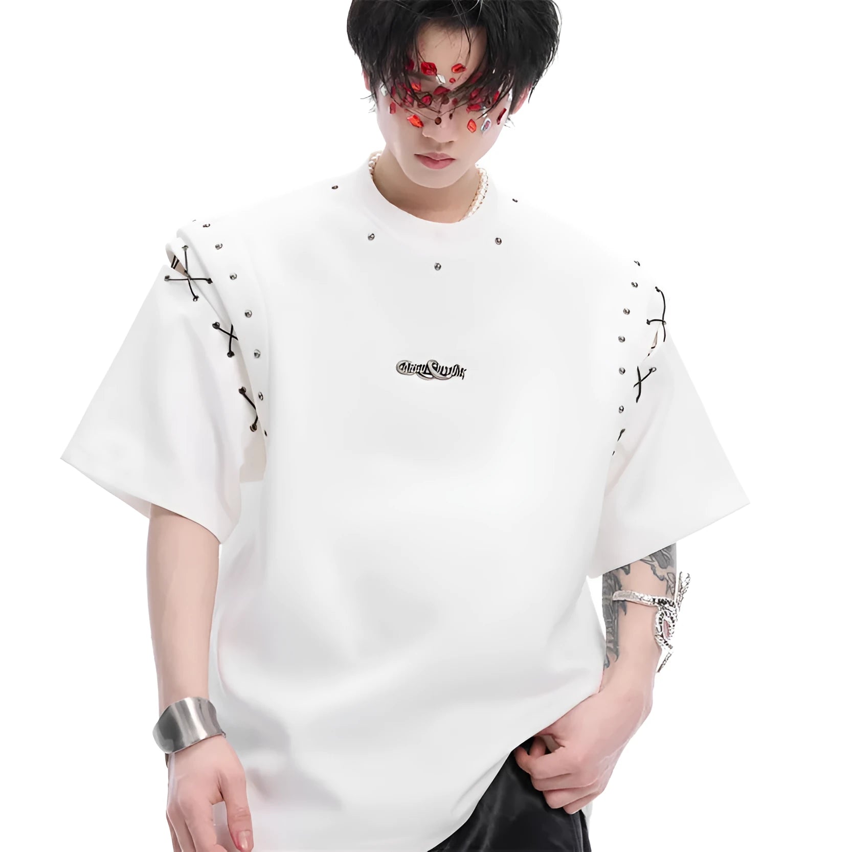Black deconstructed short sleeve T-shirt with lace-up sides and cutout detailing on a mannequin.
