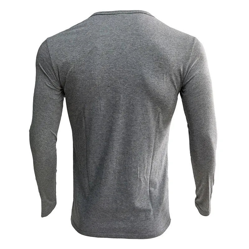 Men's solid colour cotton long sleeve T-shirt with Henry collar in blue