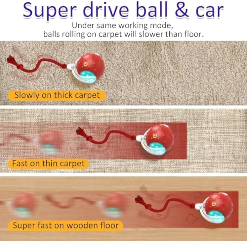 Red motion-activated chirping cat toy rolling fast on carpet with kitten chasing