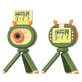 Purple and dark green children's digital camera with flip screen, silicone case, and lanyard.