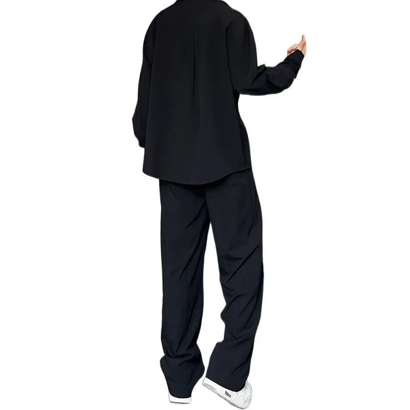 Men's black long sleeve polo shirt and trousers two-piece set in slim fit made from elastic hemp fabric.