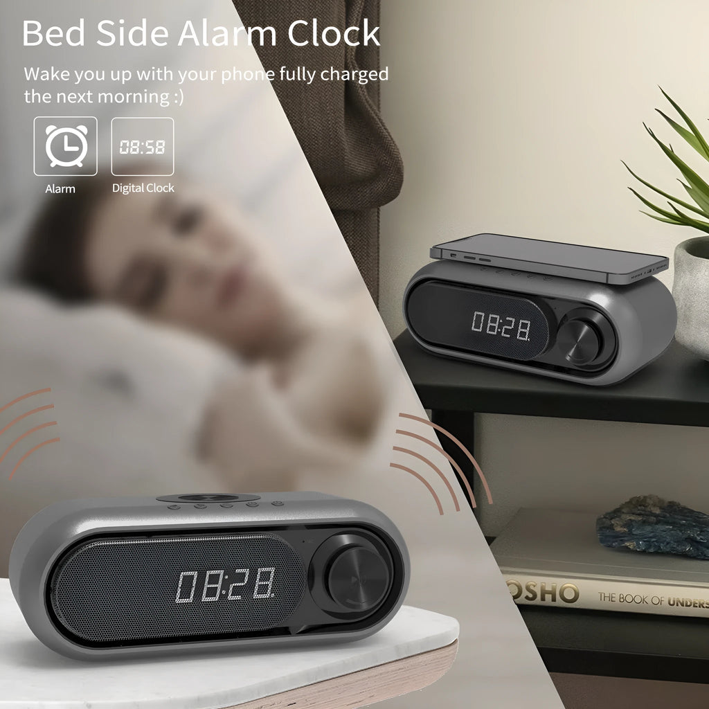 Space grey bedside wireless charging alarm clock with Bluetooth speaker and LED display