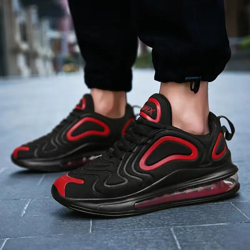 Men's black casual sneakers with lace-up front and air cushion design for running and outdoor activities