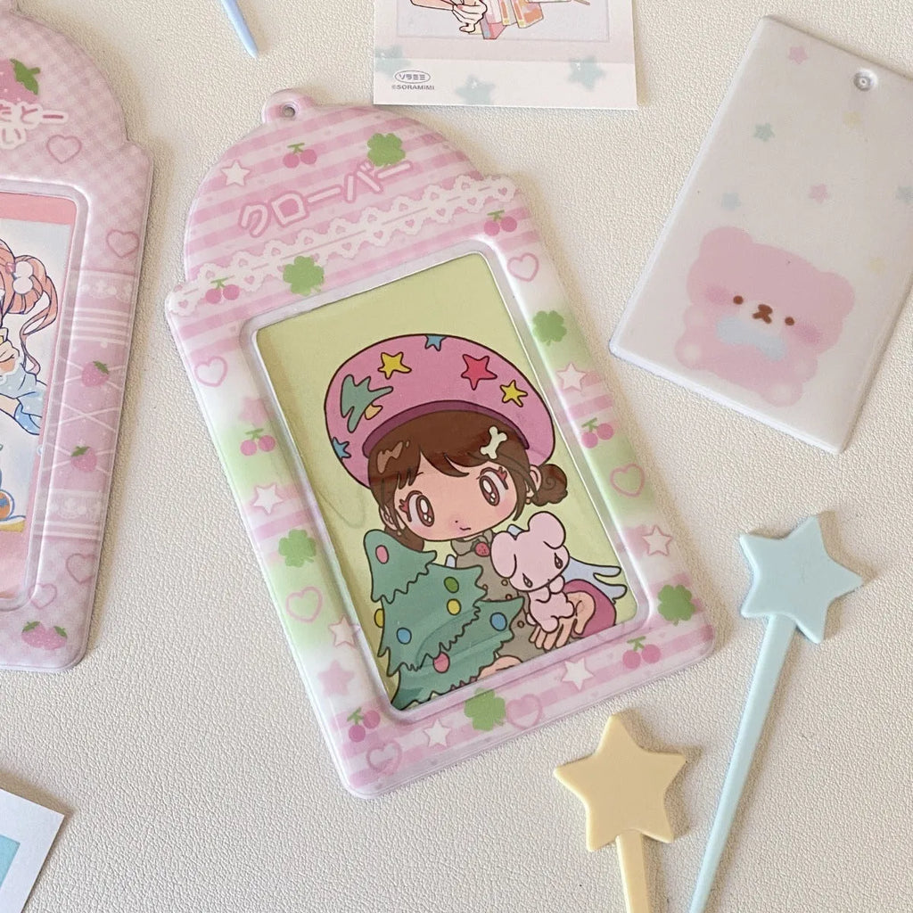 PVC card holder pendant with Strawberry or Four-Leaf Clover cartoon design on clear sleeve.