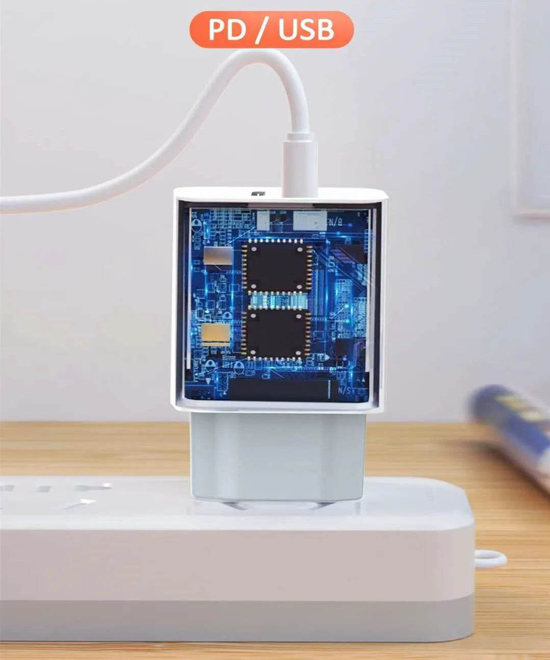 USB travel charger with fast charge PD interface for Android phones showing bare metal construction