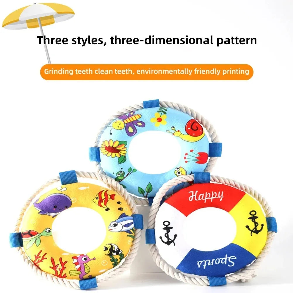 25cm diameter plush dog pull ring toy with squeaker in yellow fish design for chew resistant fetch training
