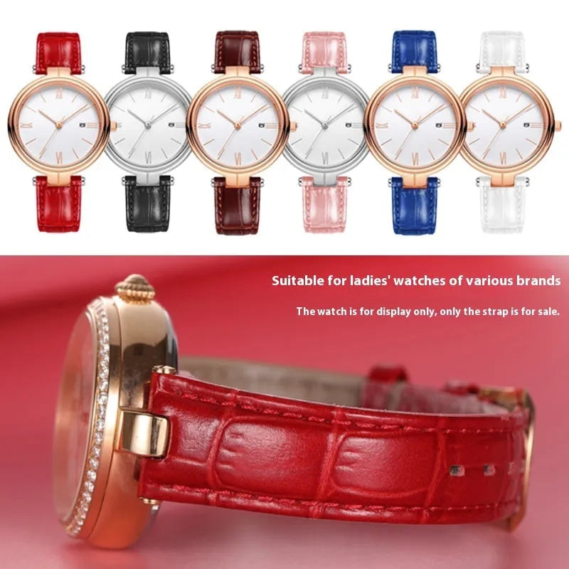 Women's genuine leather watch strap with notch design and pin buckle in black steel finish on a white background