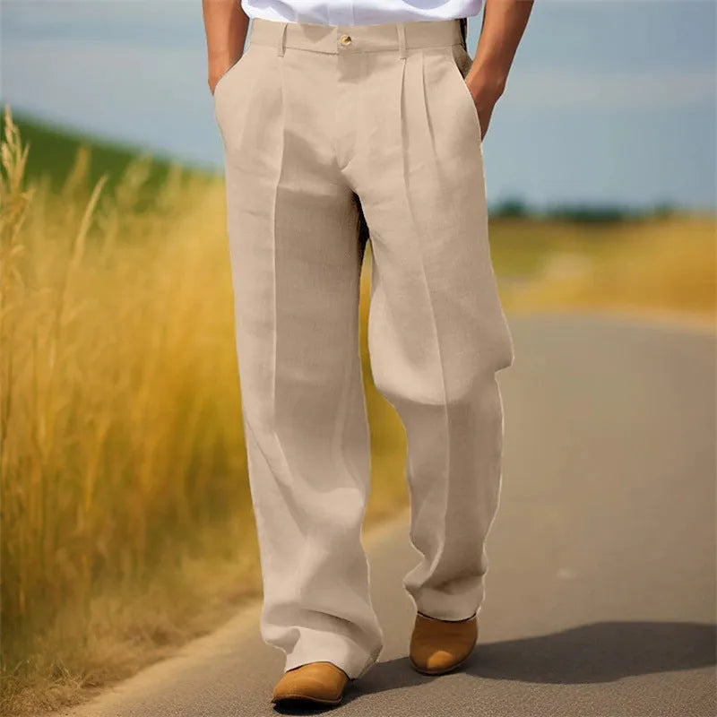 Men's loose-fit straight-leg linen blend casual trousers in a solid colour.