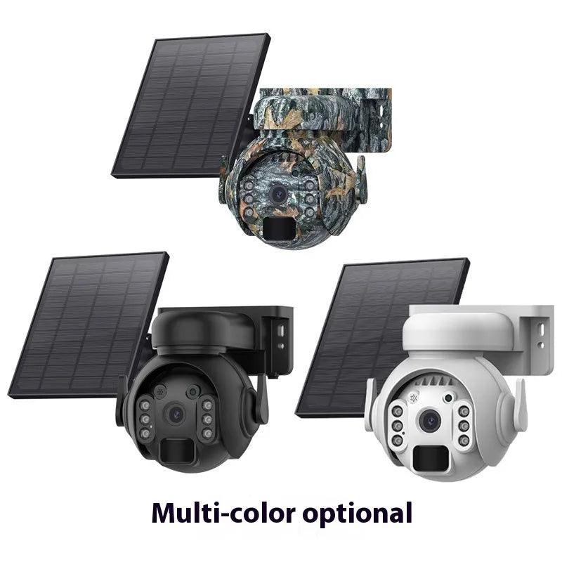 Solar security camera with solar panel and lens for outdoor monitoring