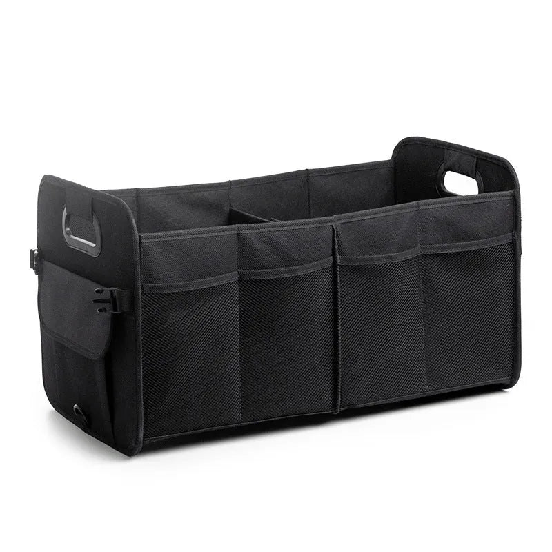Foldable black car boot storage box with compartments and carry handle showing 56x32x32 cm dimensions