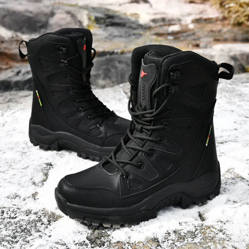 Cowhide hi-top hiking shoes for men in black, brown, or beige with platform sneaker design