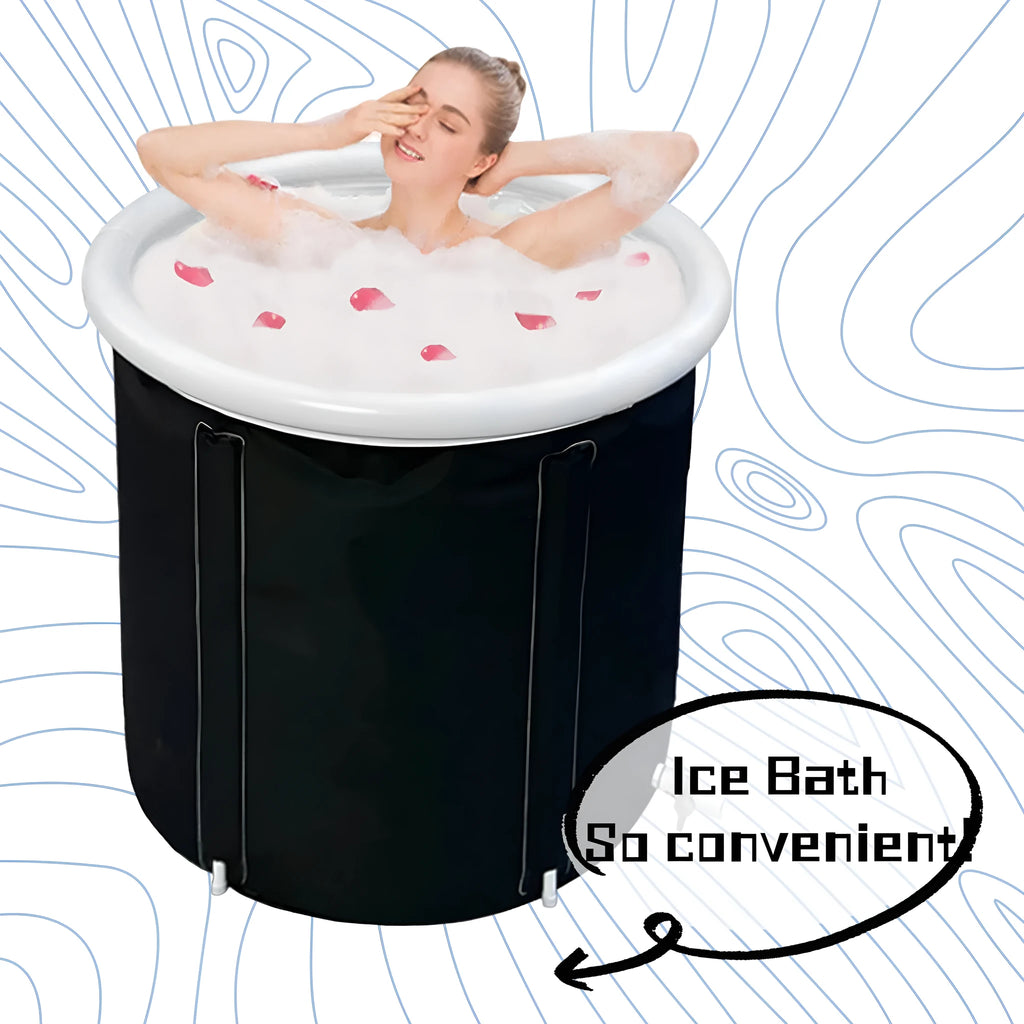 Black portable inflatable ice bath measuring 70x80cm with weather lid and accessories