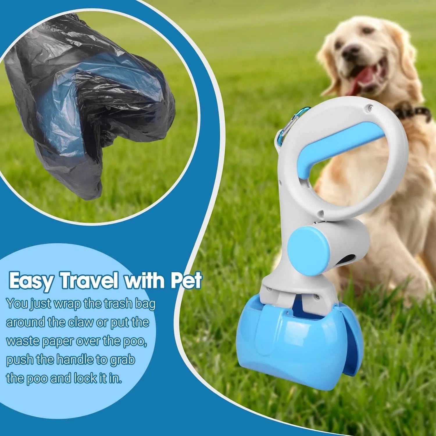 Heavy-duty ABS plastic pet pooper scooper with built-in trash bag holder in blue