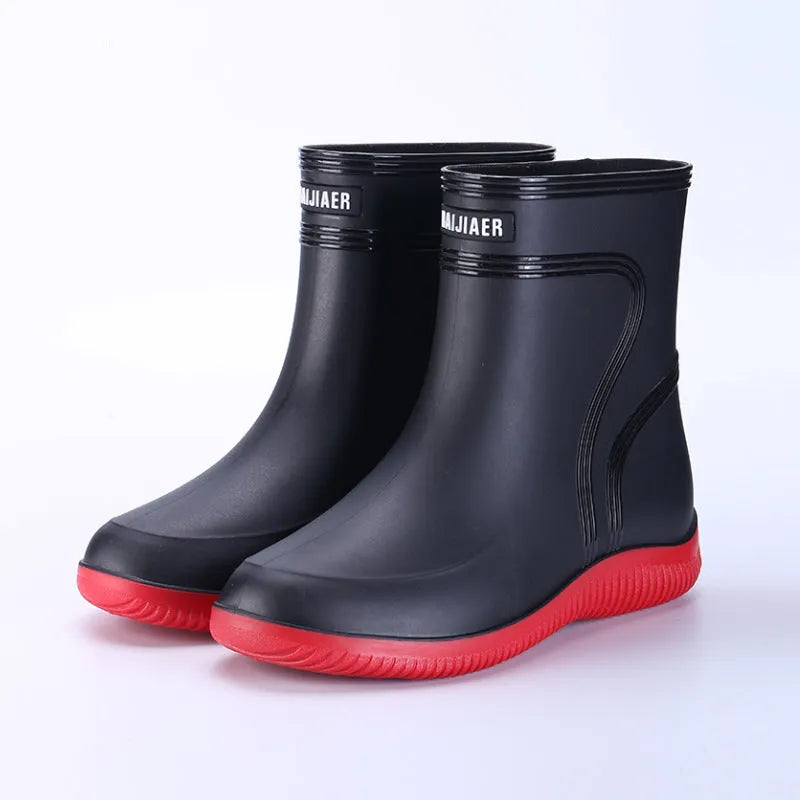 Men's waterproof mid-top rain boots with PVC upper and non-slip plastic sole in British style with tassel detail