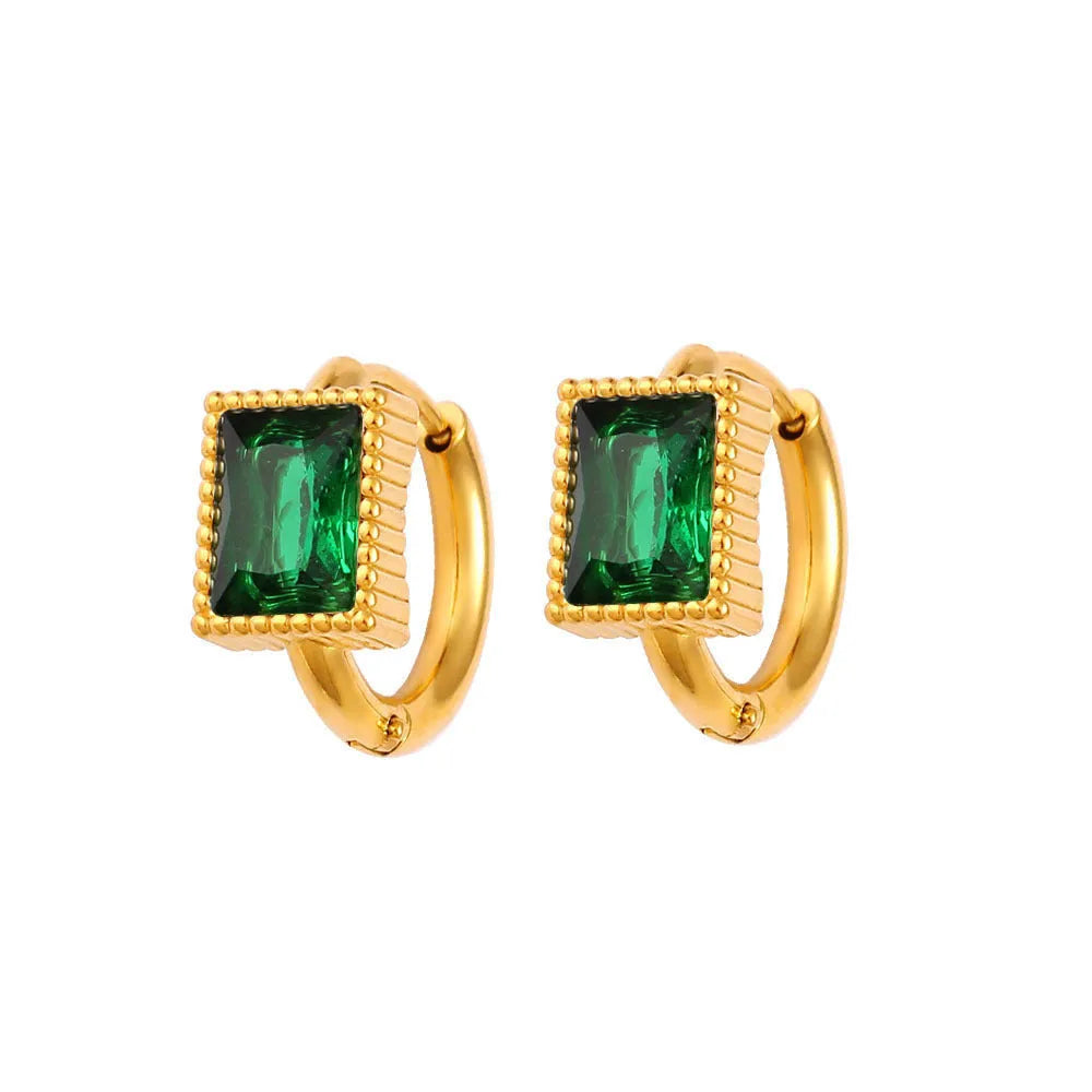 A pair of square-shaped stainless steel earrings with round zircon accents in a choice of black, green, or white.