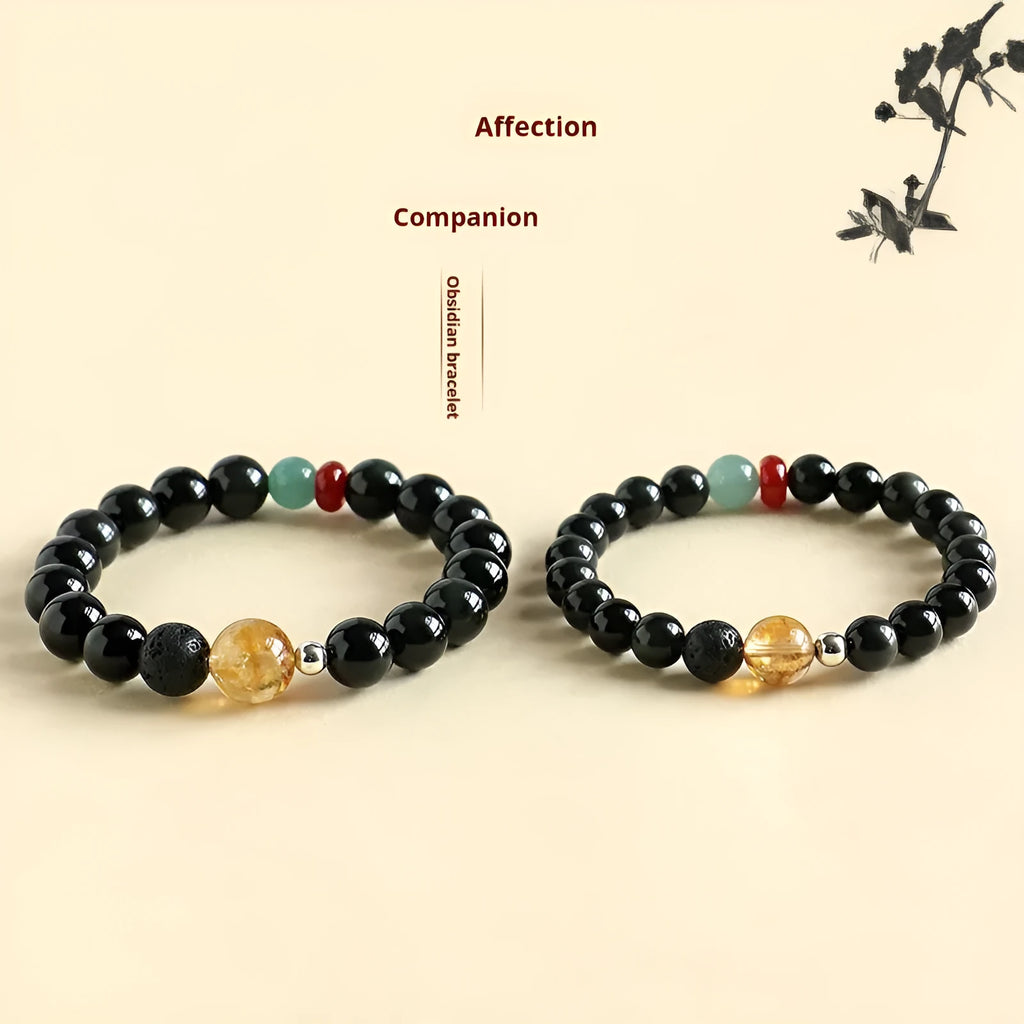 Chinese-style obsidian yellow tower crystal couple bracelet with agate jade accents showing 8mm and 10mm bead size options