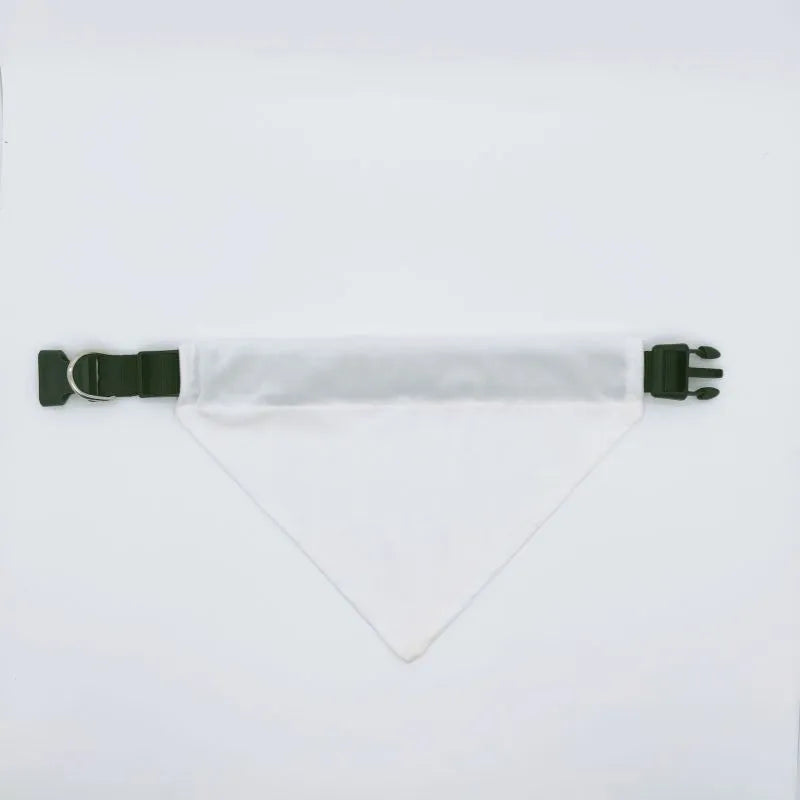 Blank white polyester dog scarf shown flat with dimensions for four size options available for thermal transfer customisation