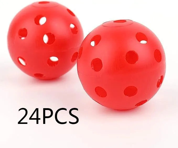 Assortment of red, orange, blue, green, white, and yellow 42mm golf practice balls in a net.