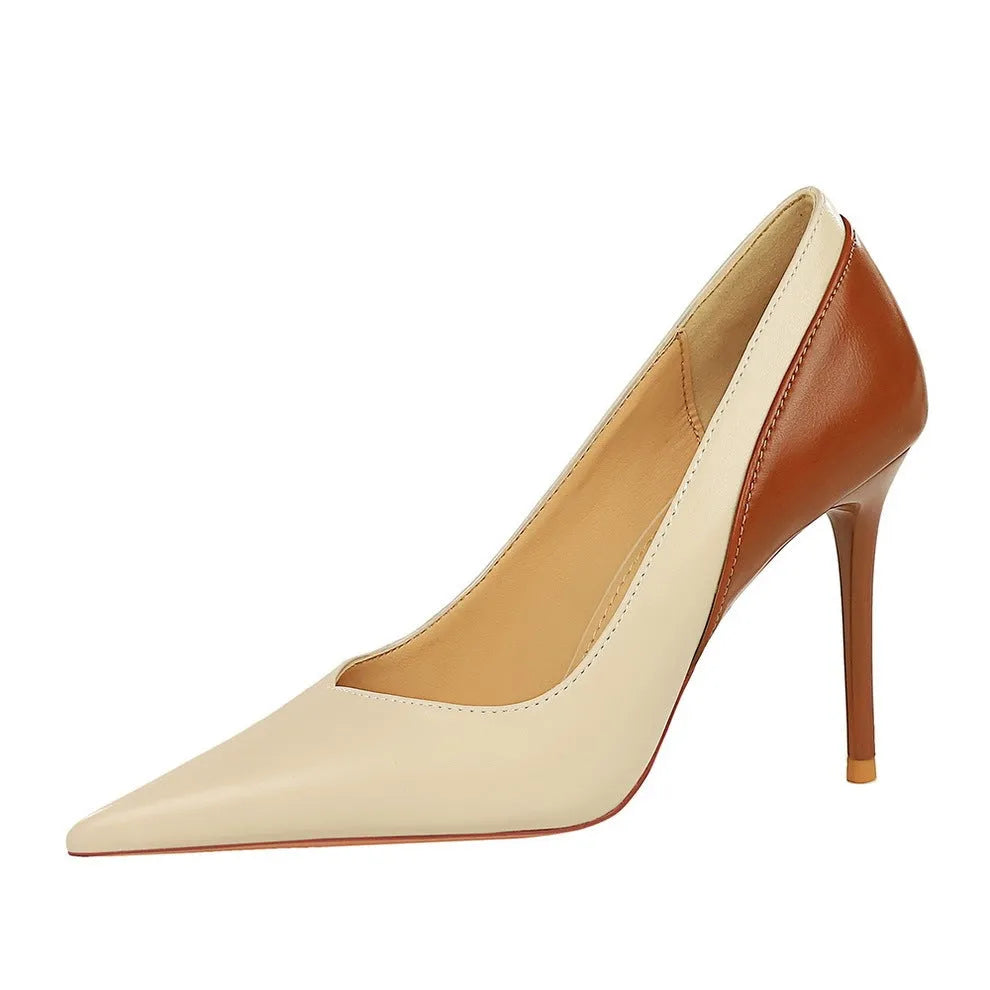 Retro style women's high heel pumps with 8cm stiletto heel and pointed toe in black or beige