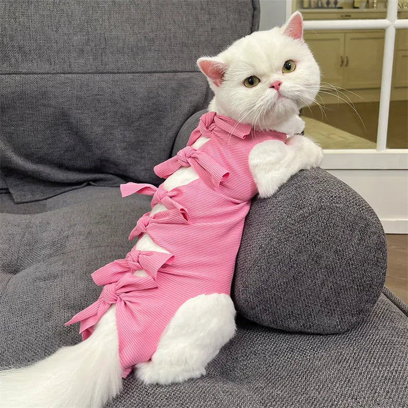 Lace-up cat recovery suit in blue, shown on a cat, featuring a full-body wrap design and adjustable back lacing.