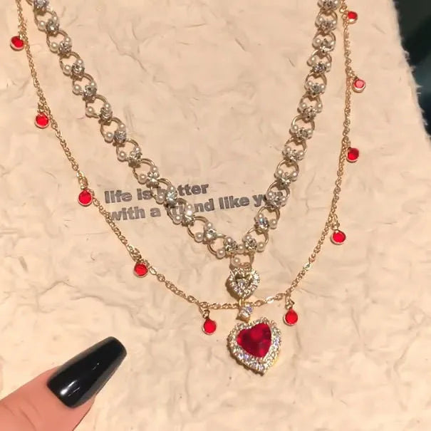 Red alloy double layer twin necklace with love heart pendant, adjustable 41-50cm length