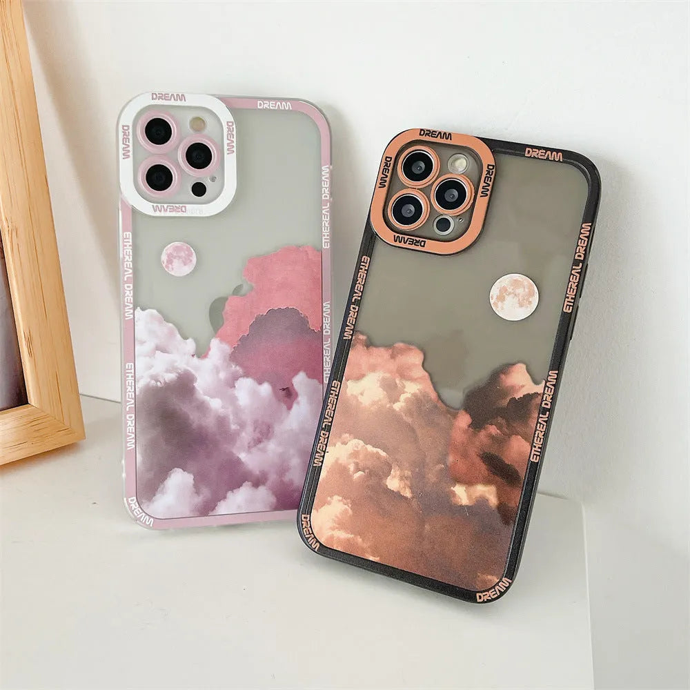 Sunset cloud design TPU protective back cover case for iPhone on a table.