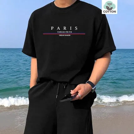 Men's heavy short-sleeved T-shirt with letter printing in pure cotton fabric