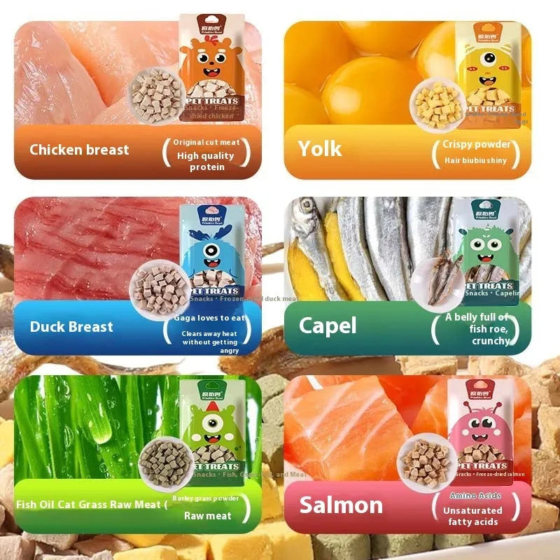Freeze-dried chicken and egg yolk pet treats in individual packs for dogs and cats