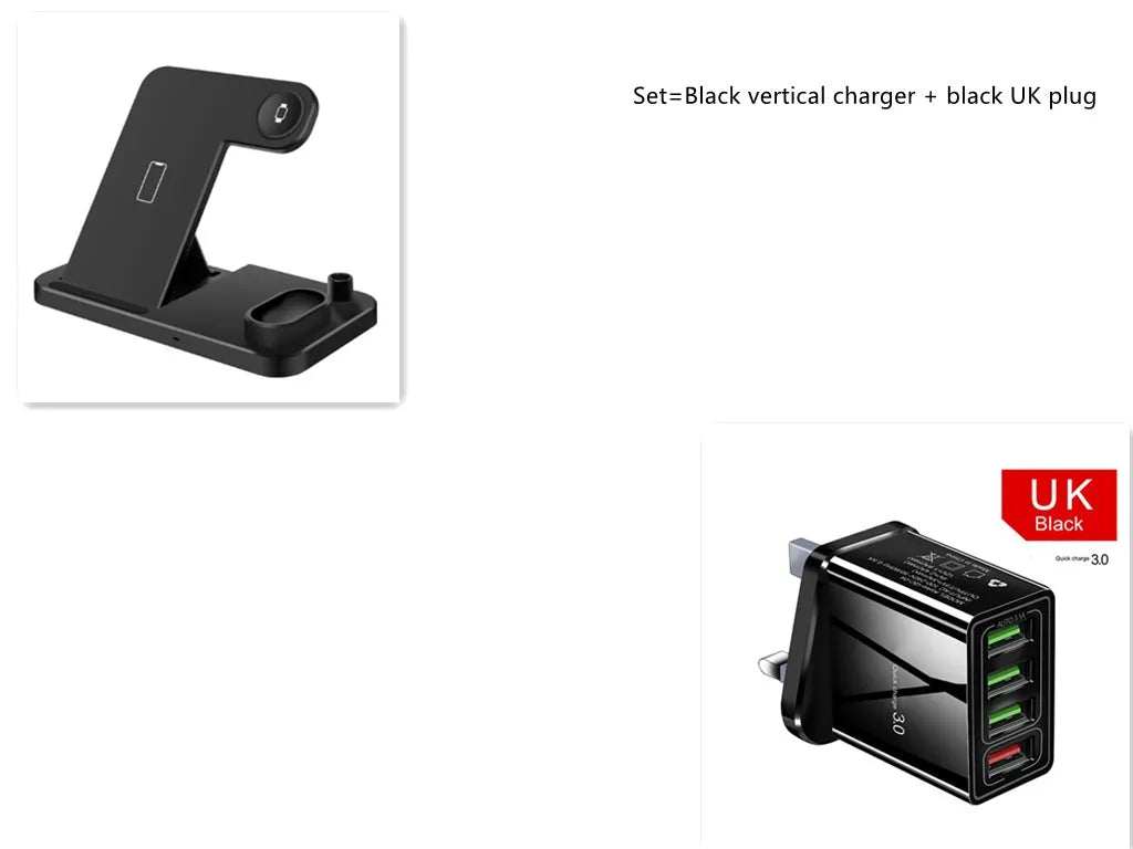 Black 4-in-1 wireless charging dock showing phone on adjustable stand, Apple Watch, AirPods, and Apple Pencil charging simultaneously.