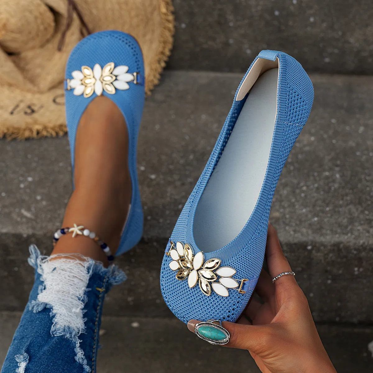 Women's round toe flat shoes with floral metal decoration, mesh upper, flat heel, available in beige, black, and blue