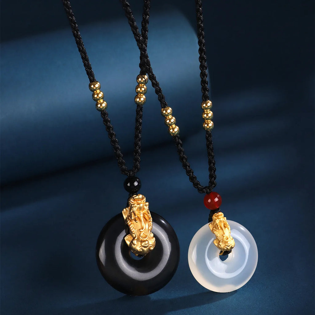 Silver necklace with peace buckle agate pendant showing safety clasp detail