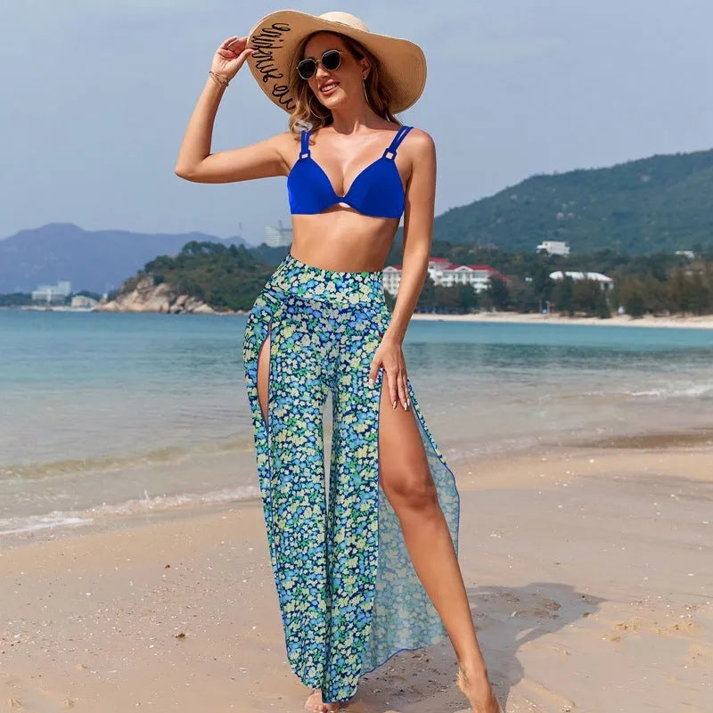 Women's three-piece bikini swimsuit set in polyester fabric with printed pattern design