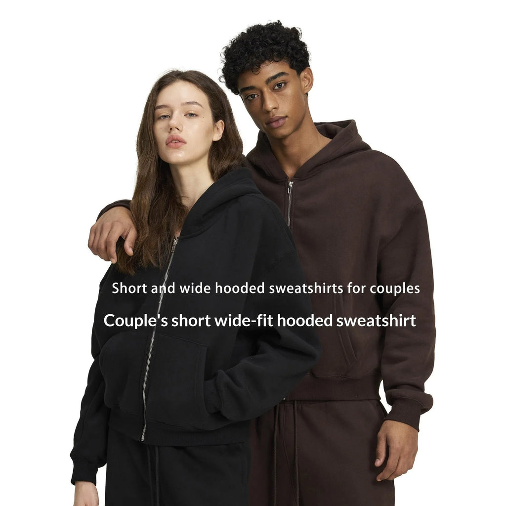 Men's loose fit solid colour casual hooded sweatshirt in black with long sleeves and cardigan style front