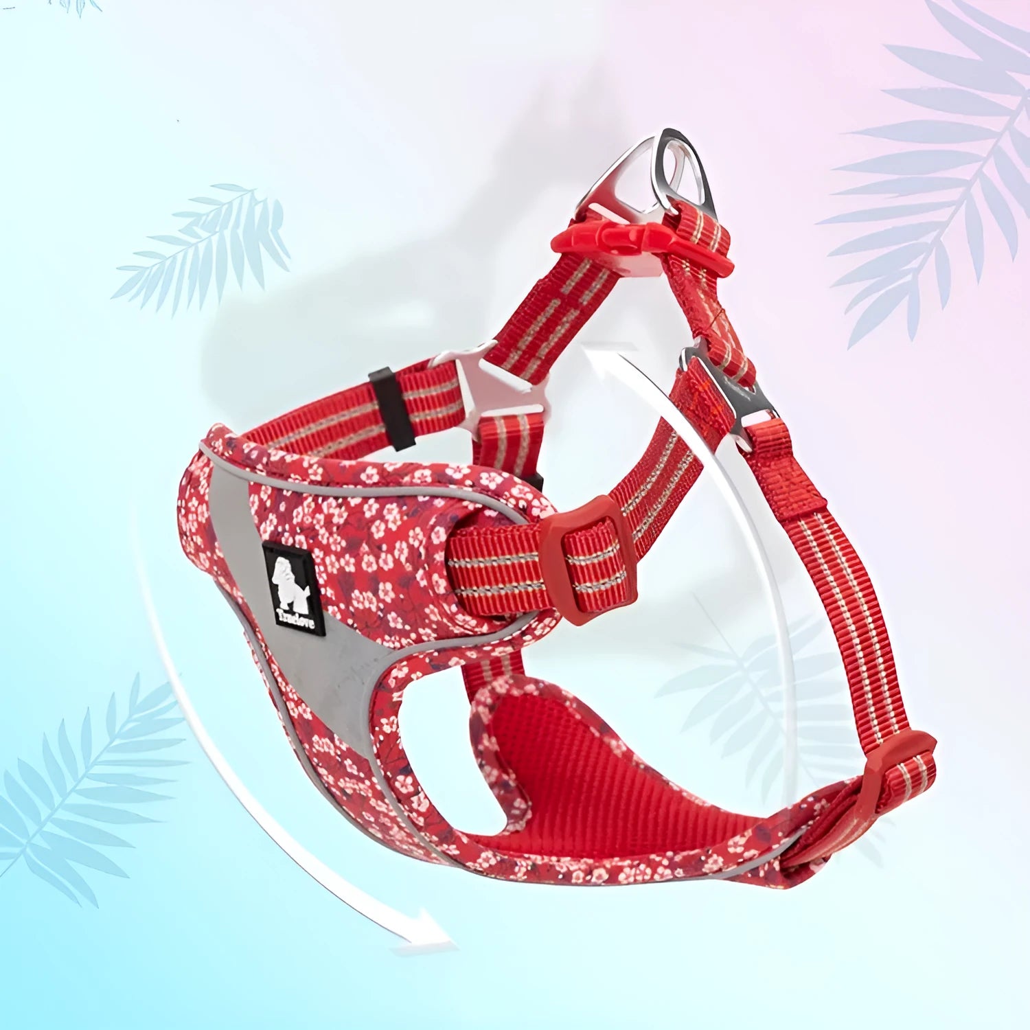 Floral pattern nylon pet harness chest strap for outdoor travel traction in red, blue, green, and basket weave designs