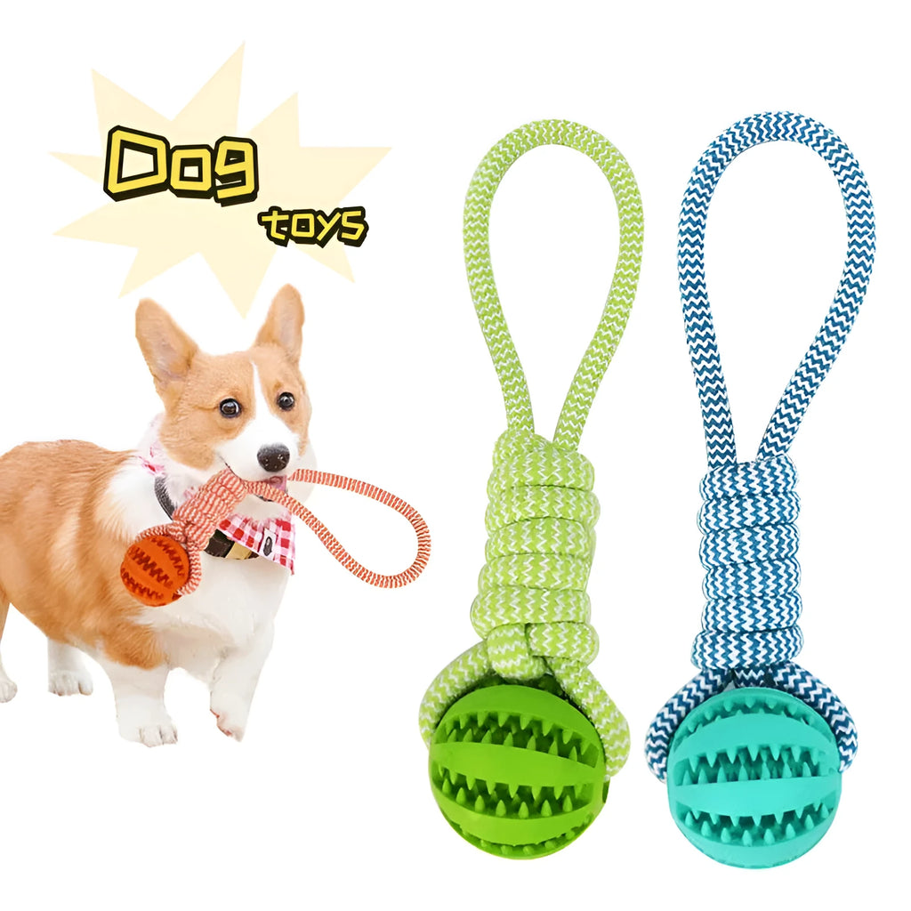 Interactive dog toy ball with cotton rope and rubber ball in twist shape, 25 cm, blue colour