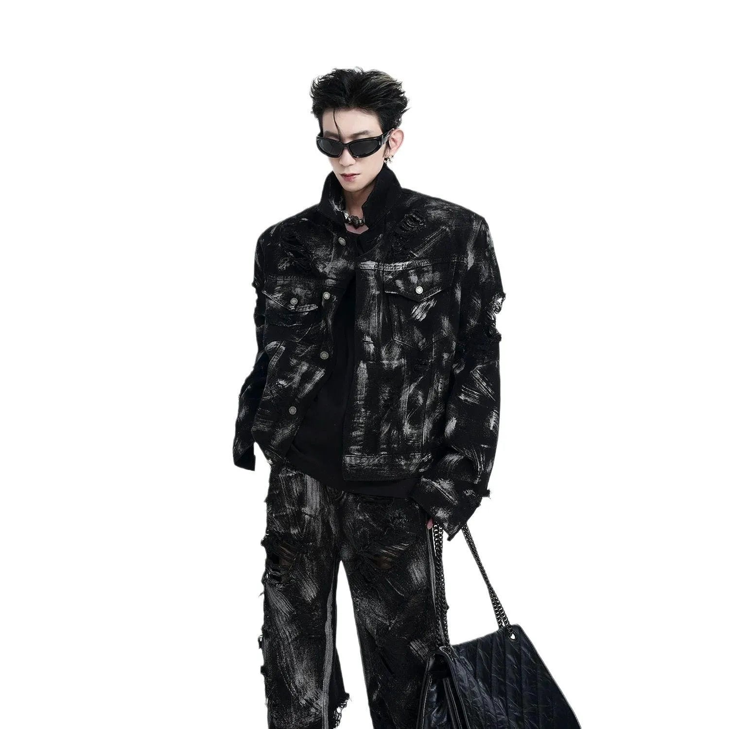 Men's heavyweight washed graffiti denim jeans in black colour showing mid-waist cut and zipper fly
