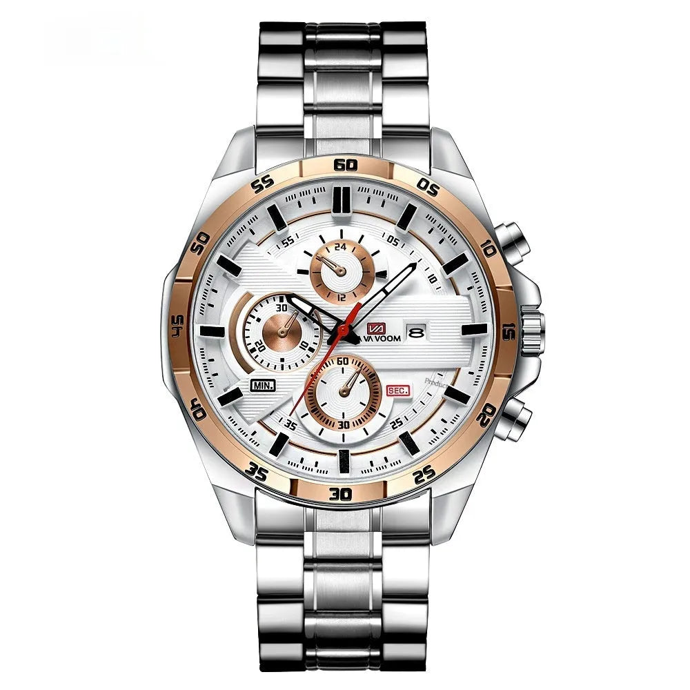 Men's black leather strap watch with rose gold case and calendar window on dial.