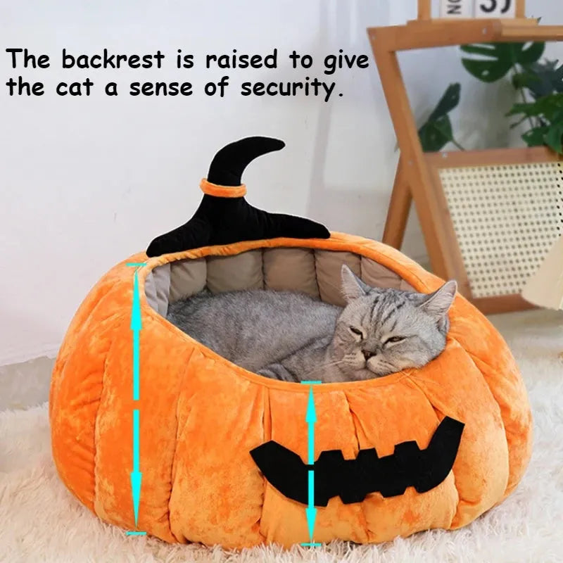Halloween pumpkin devil design soft plush cat bed for small pets in black, orange, or pink.