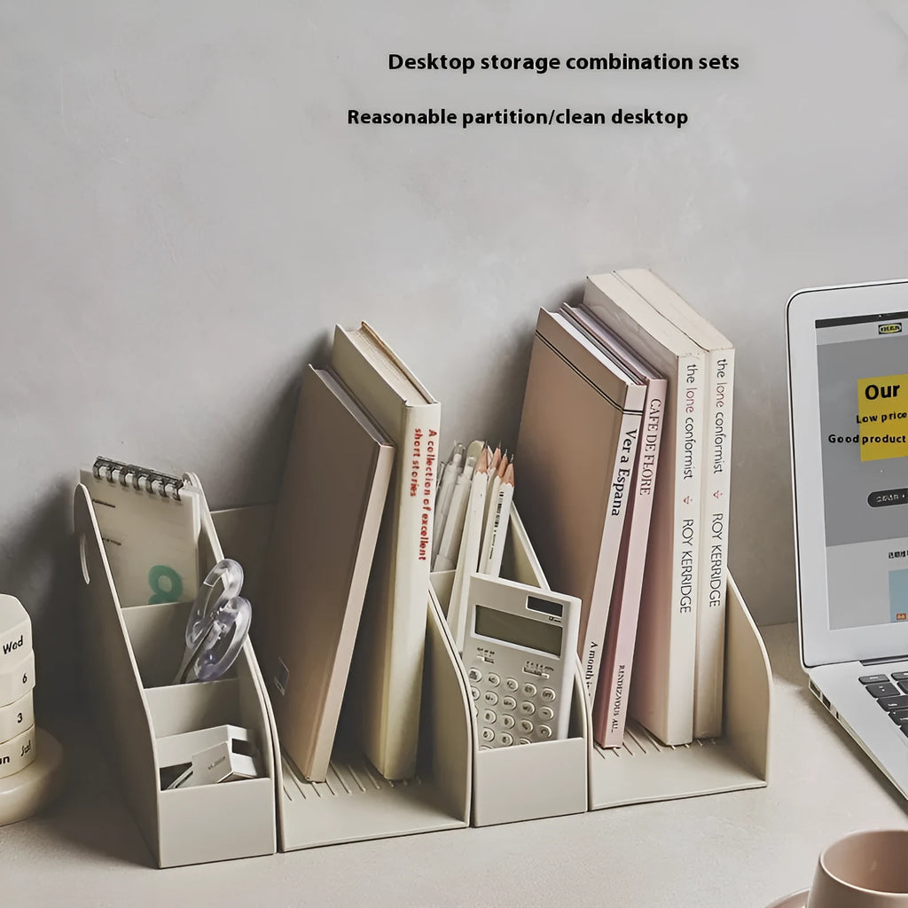Milk coffee coloured plastic desktop storage box with two internal organiser grids for stationery.