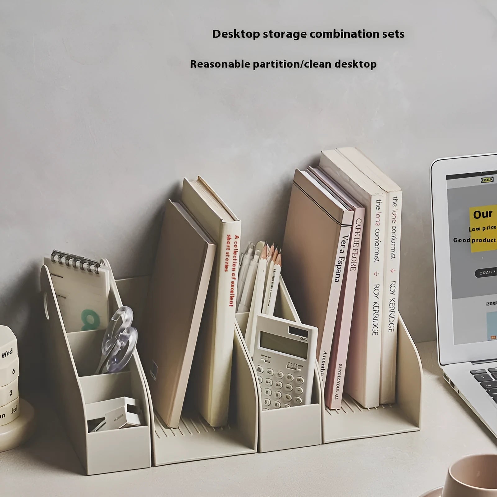 Milk coffee coloured plastic desktop storage box with two internal organiser grids for stationery.