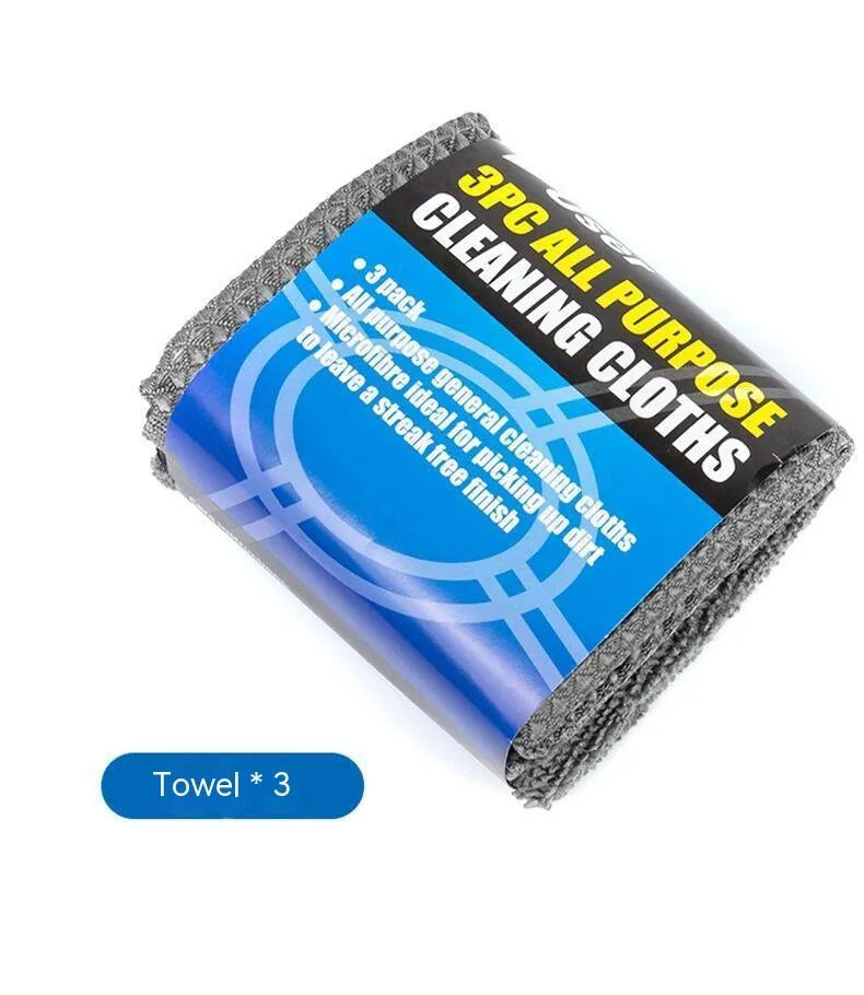 Nine-piece gray car wash cleaning set with gloves, sponge, brush, wipes, and microfiber towels