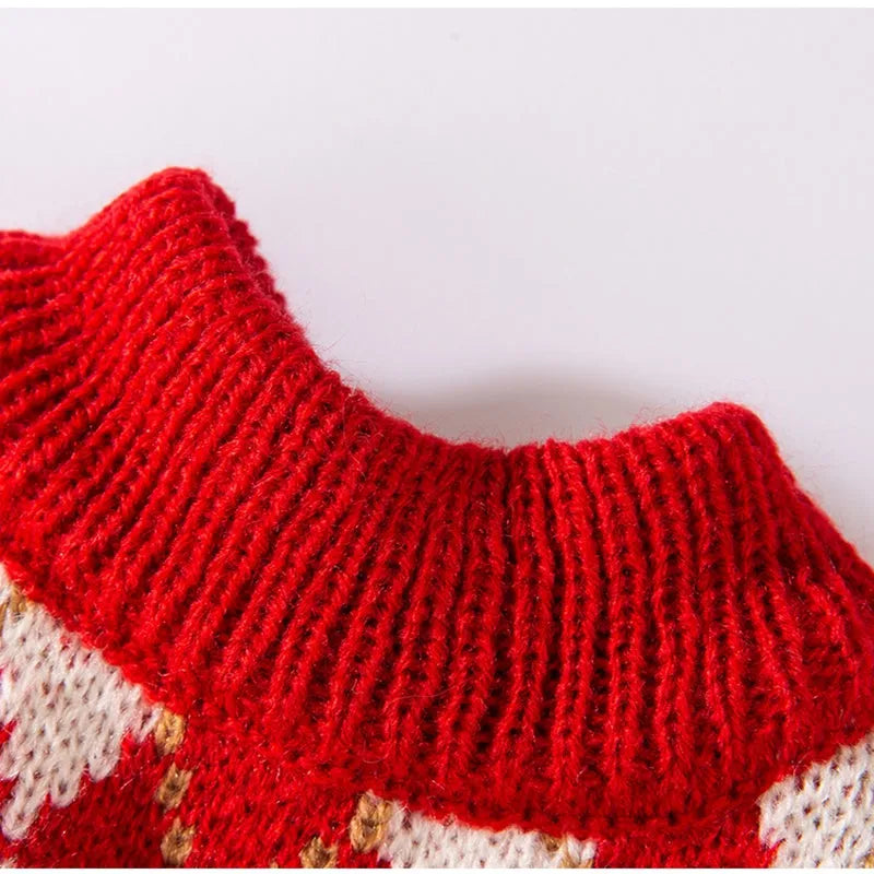 Red and white argyle knitted dog sweater with cherry embroidery for small dogs and cats