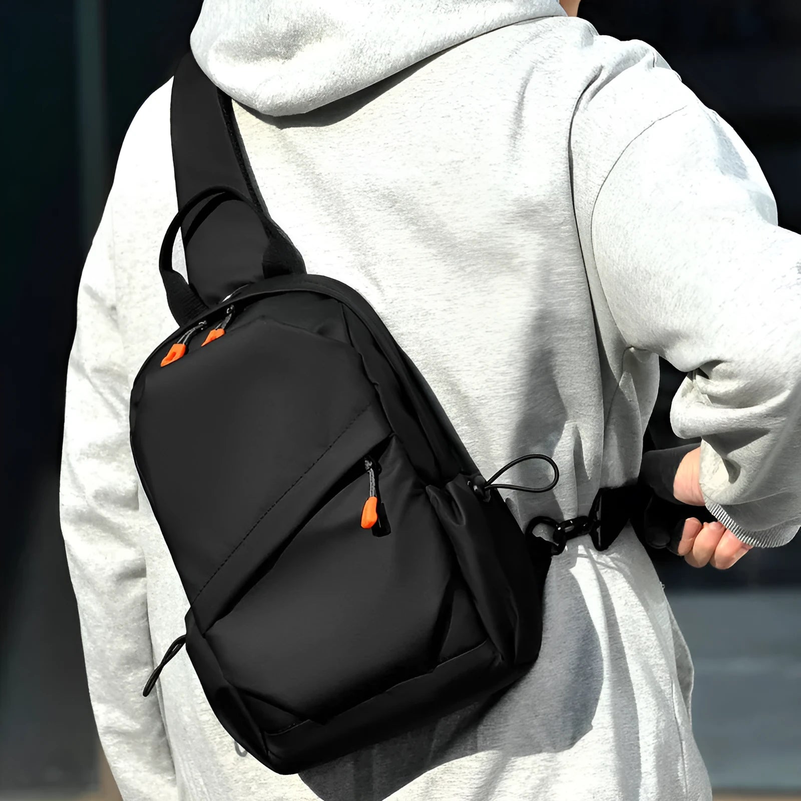 Men's black polyester crossbody bag with shoulder strap