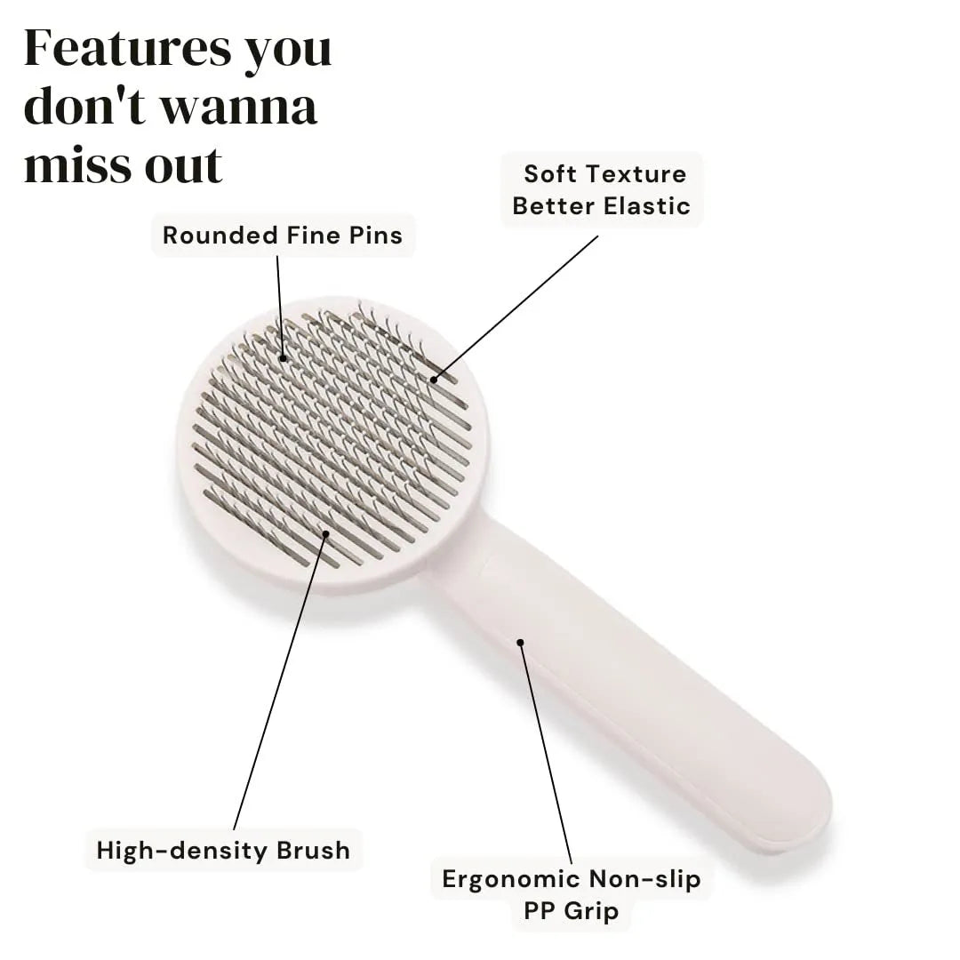 Self-cleaning pet grooming slicker brush with blue handle and stainless steel bristles